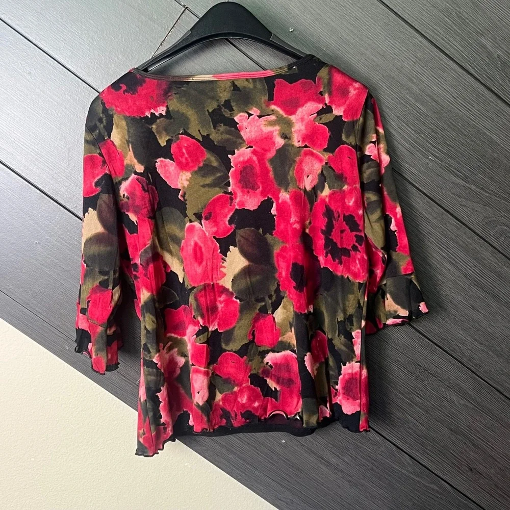 Lexi & Tasch Women Floral Micro Mesh Keyhole Top Large Pink Black Y2K Fairycore